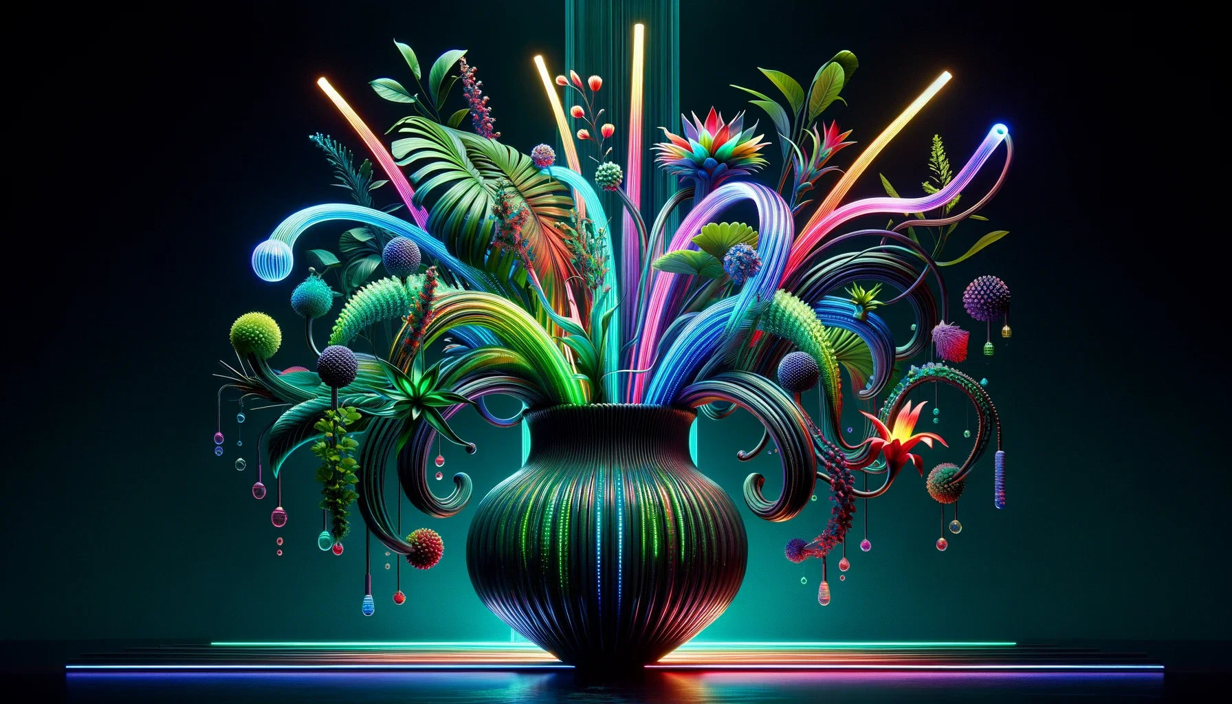 Neon-colored floral arrangement with glowing effects